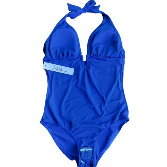 🌟 NWT NICOLE MILLER Royal Blue Halter Plunge Swimwear Women's Size 8  Shirred - Picture 9 of 14